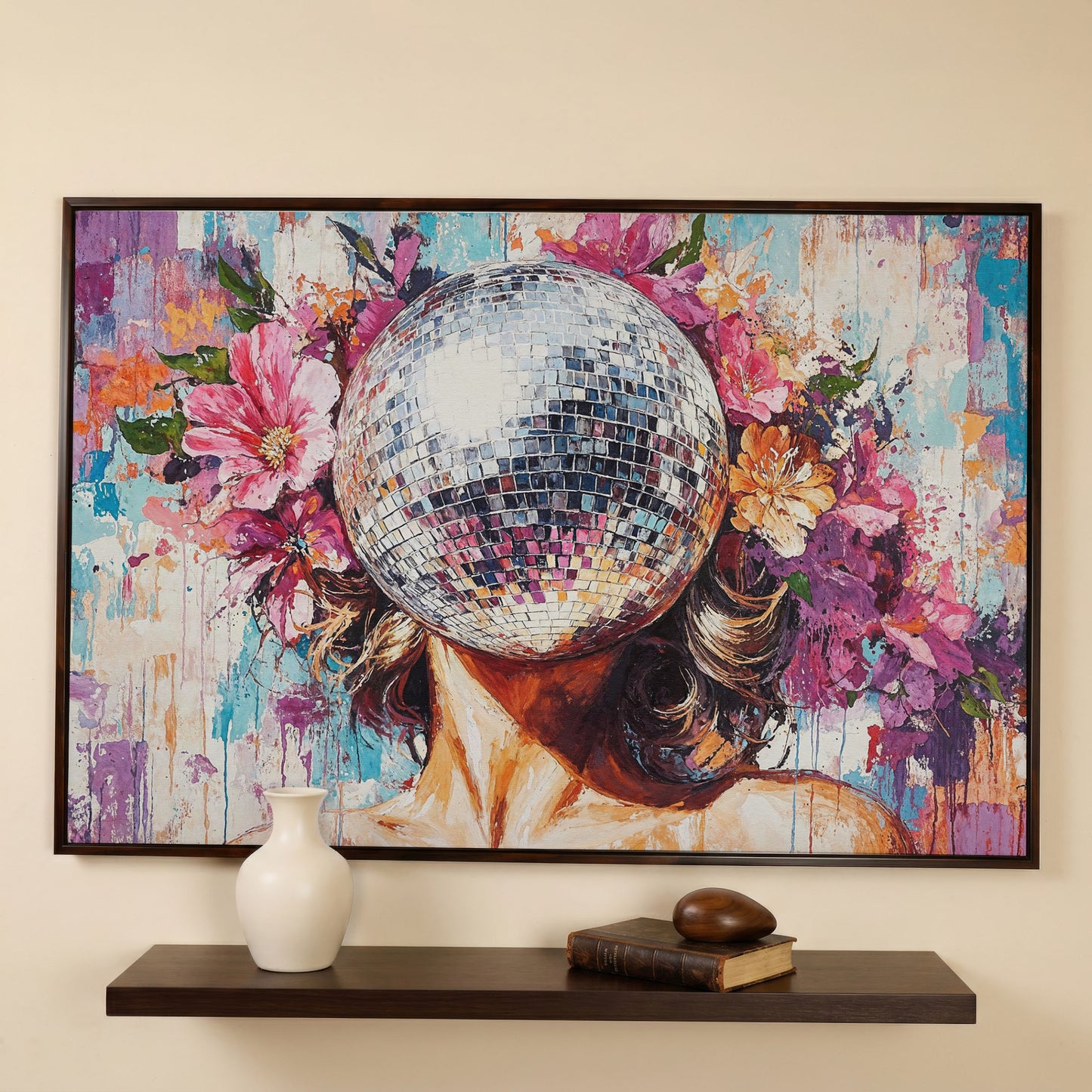 Disco Ball Portrait with Floral Halo Canvas Art in dark walnut floating frame