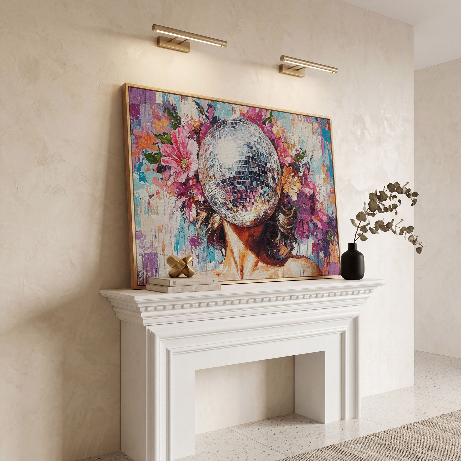 Disco Ball Portrait with Floral Halo Canvas Art in white oak floating frame