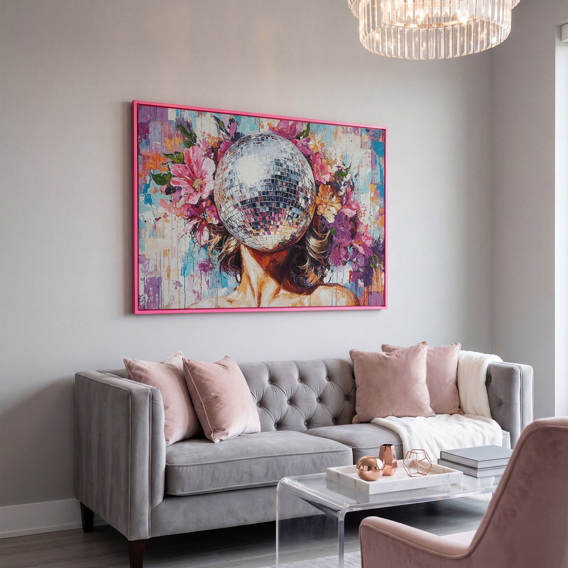 Disco Ball Portrait with Floral Halo Canvas Art in pink floating frame