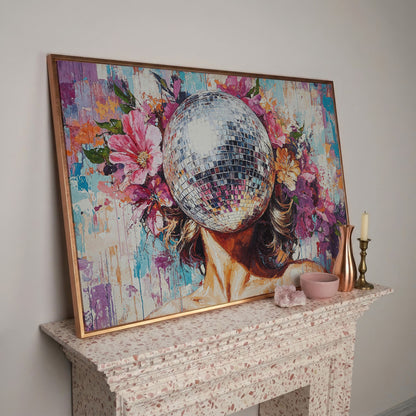 Disco Ball Portrait with Floral Halo Canvas Art in rose gold floating frame