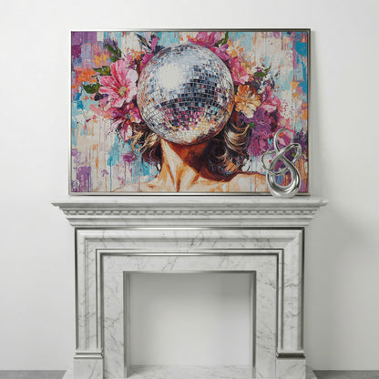 Disco Ball Portrait with Floral Halo Canvas Art in silver floating frame