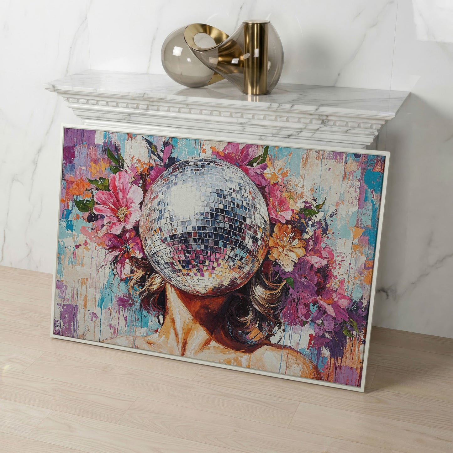 Disco Ball Portrait with Floral Halo Canvas Art in white floating frame