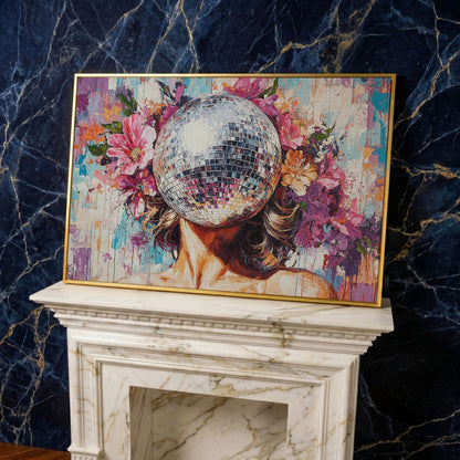 Disco Ball Portrait with Floral Halo Canvas Art in yellow gold floating frame