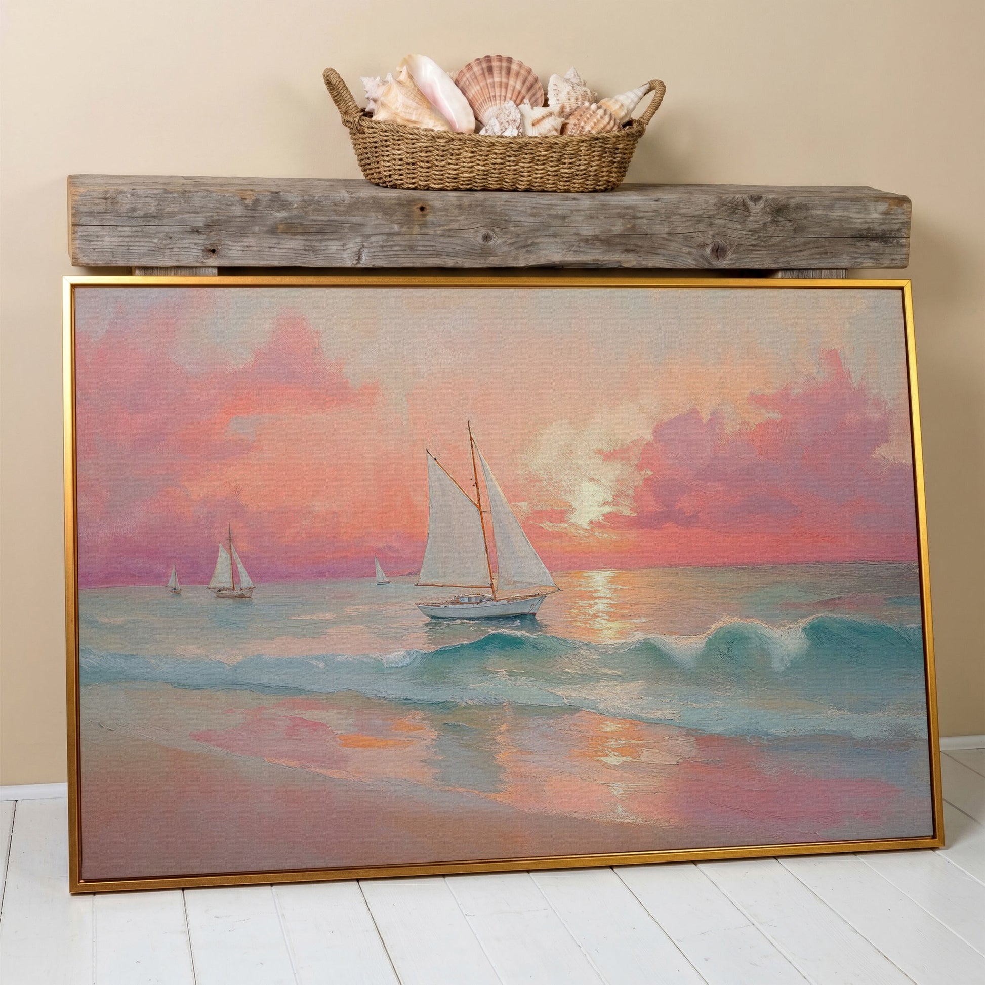 Sailboat at Sunset Canvas Print with Rose Quartz Sky in antique gold floating frame