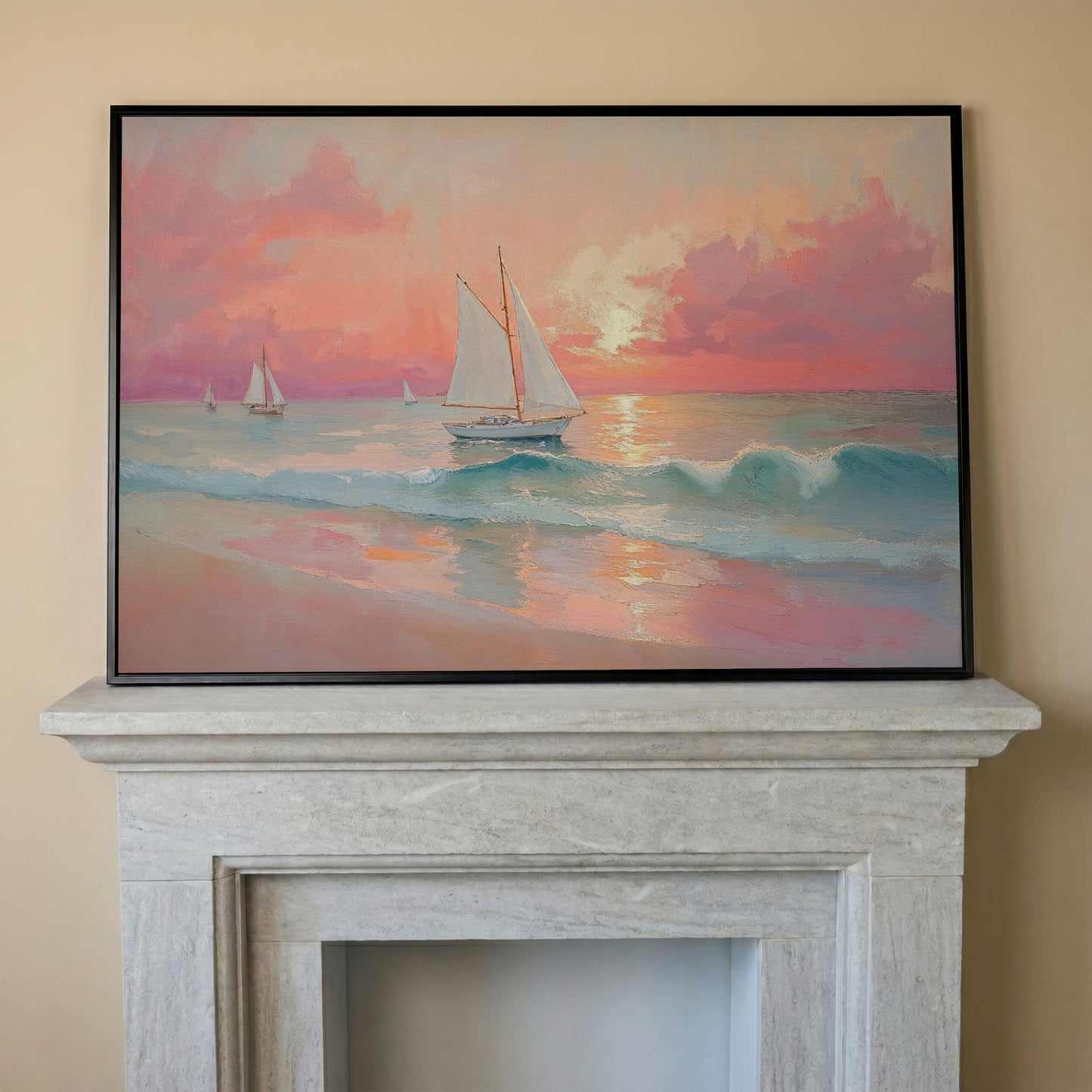 Sailboat at Sunset Canvas Print with Rose Quartz Sky in black floating frame
