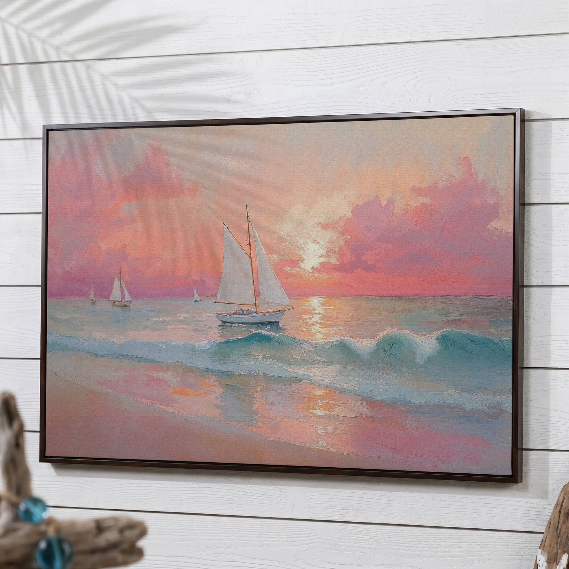 Sailboat at Sunset Canvas Print with Rose Quartz Sky in dark walnut floating frame