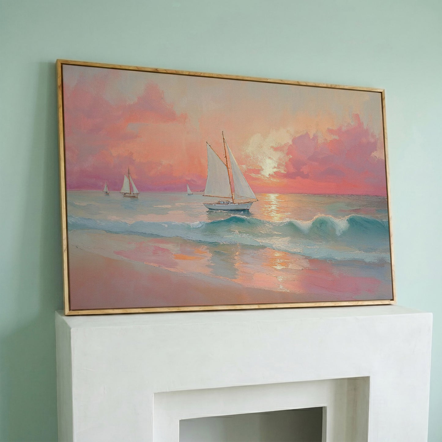 Sailboat at Sunset Canvas Print with Rose Quartz Sky in white oak floating frame