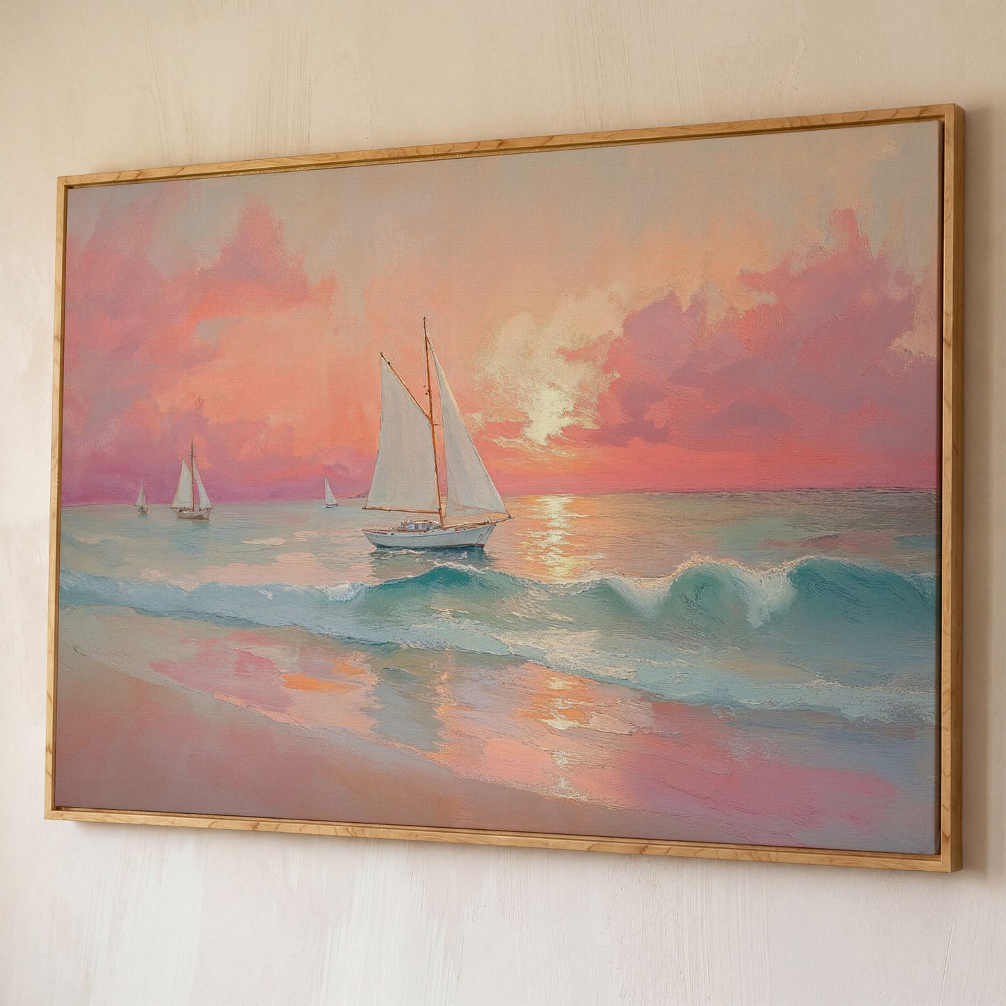Sailboat at Sunset Canvas Print with Rose Quartz Sky shown in white oak floating frame