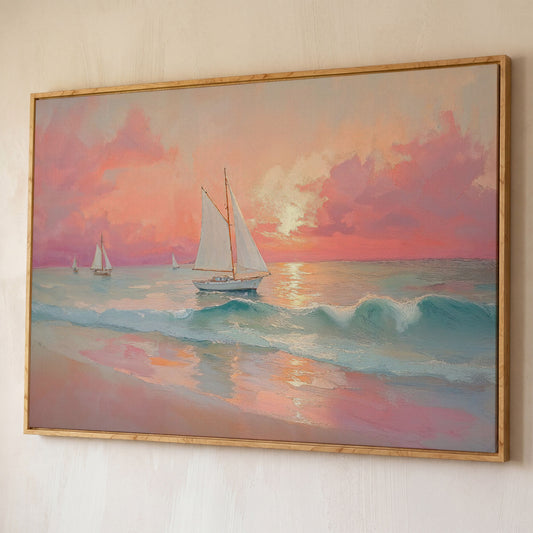 Sailboat at Sunset Canvas Print with Rose Quartz Sky shown in white oak floating frame