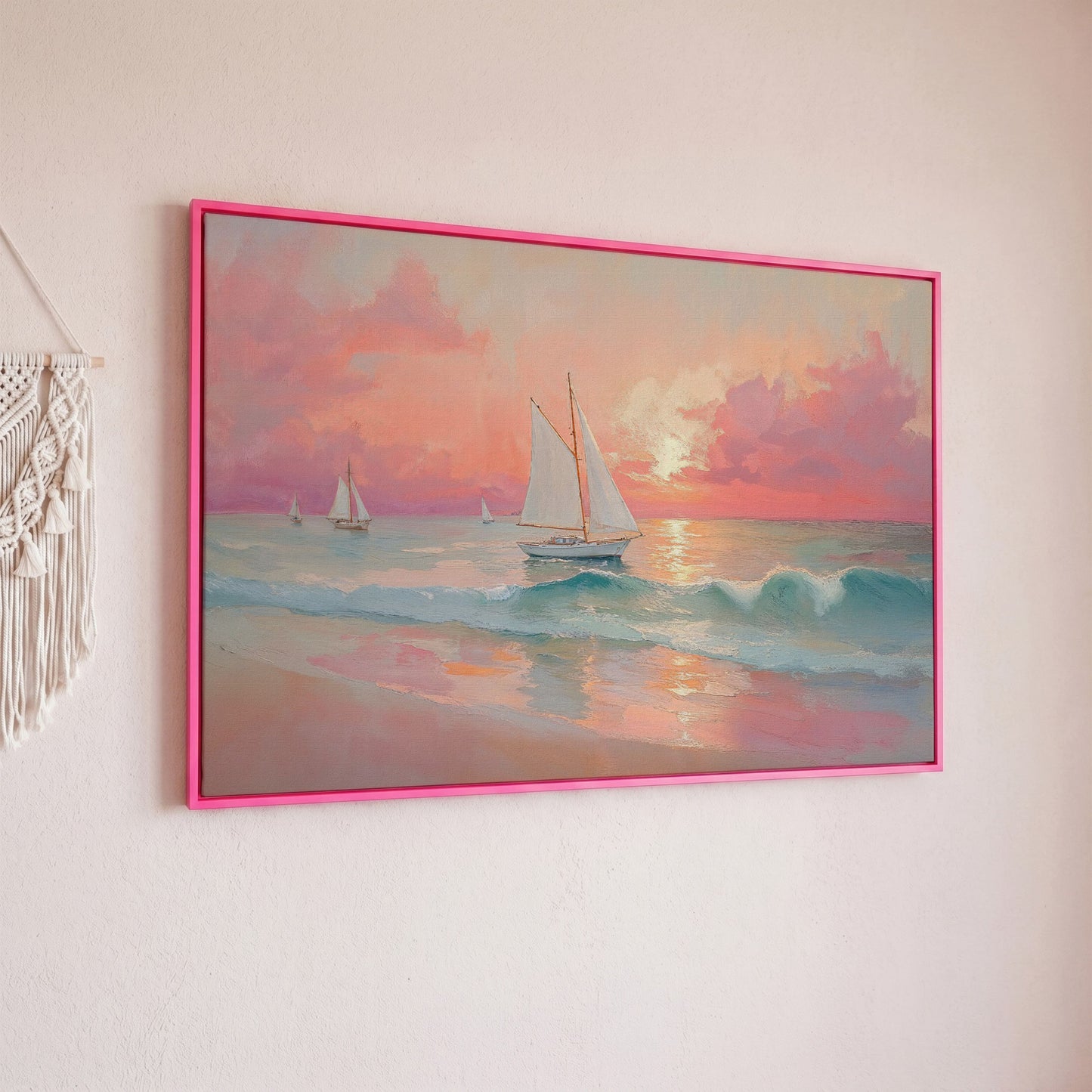 Sailboat at Sunset Canvas Print with Rose Quartz Sky in pink floating frame