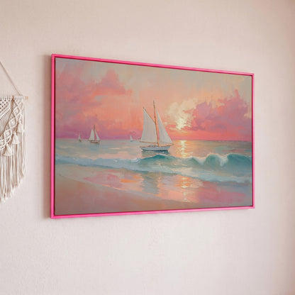 Sailboat at Sunset Canvas Print with Rose Quartz Sky in pink floating frame