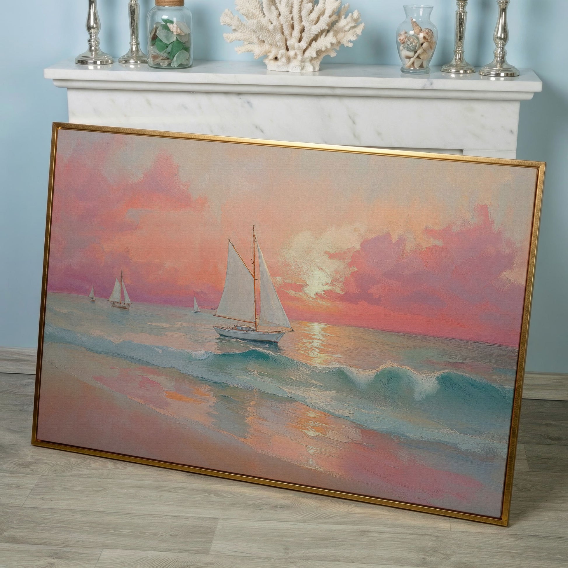 Sailboat at Sunset Canvas Print with Rose Quartz Sky in rose gold floating frame