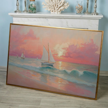 Sailboat at Sunset Canvas Print with Rose Quartz Sky in rose gold floating frame