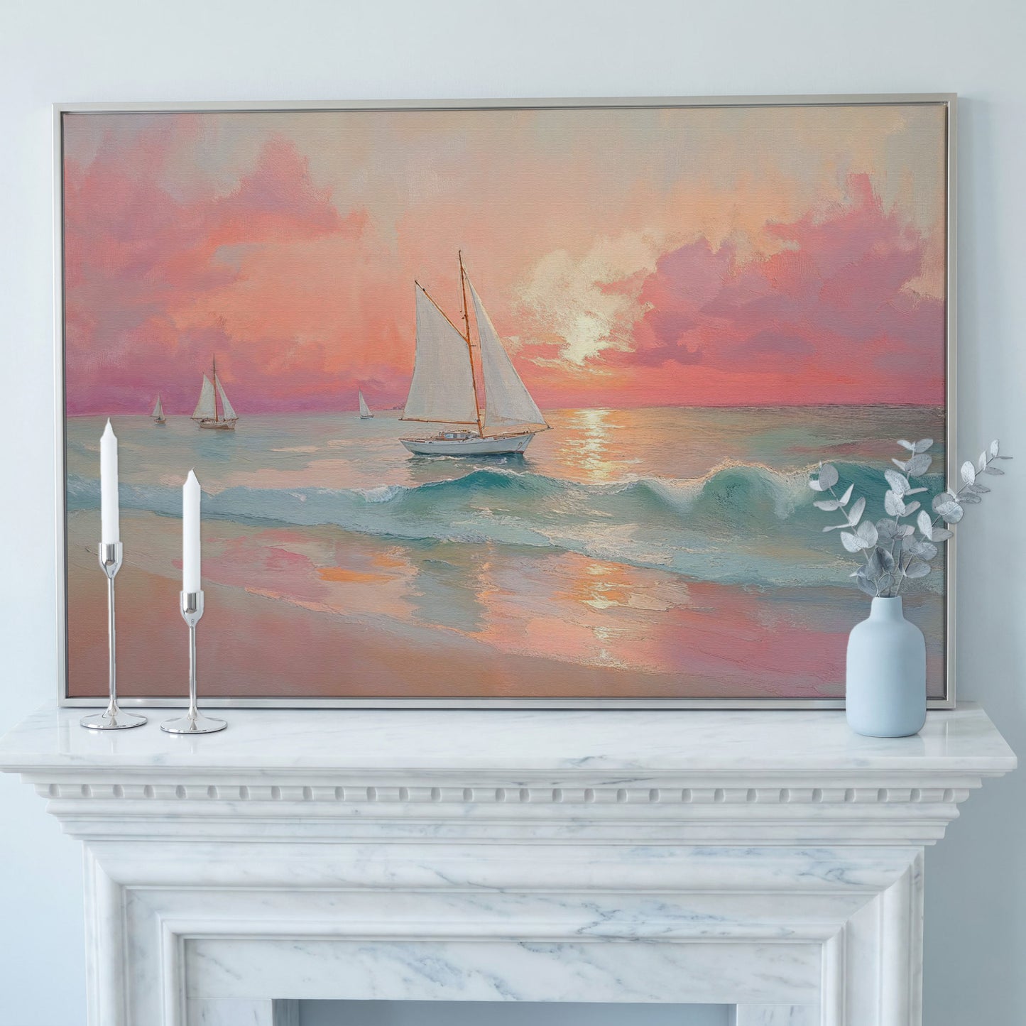 Sailboat at Sunset Canvas Print with Rose Quartz Sky in silver floating frame