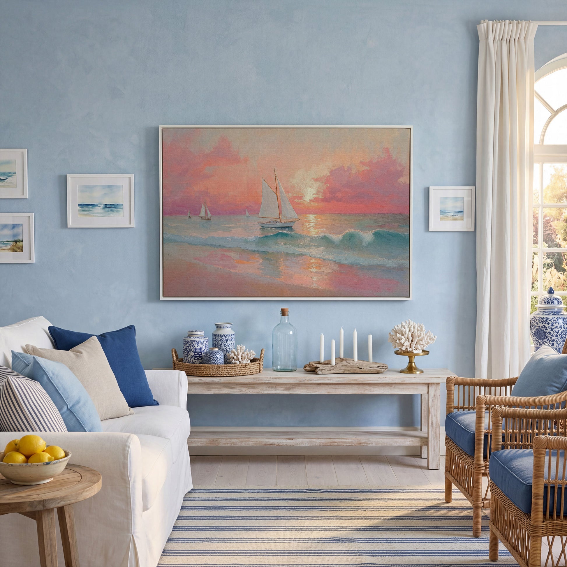 Sailboat at Sunset Canvas Print with Rose Quartz Sky in white floating frame
