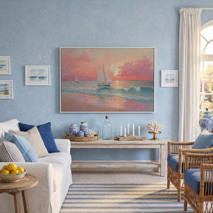 Sailboat at Sunset Canvas Print with Rose Quartz Sky in white floating frame