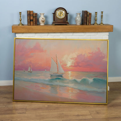 Sailboat at Sunset Canvas Print with Rose Quartz Sky in yellow gold floating frame