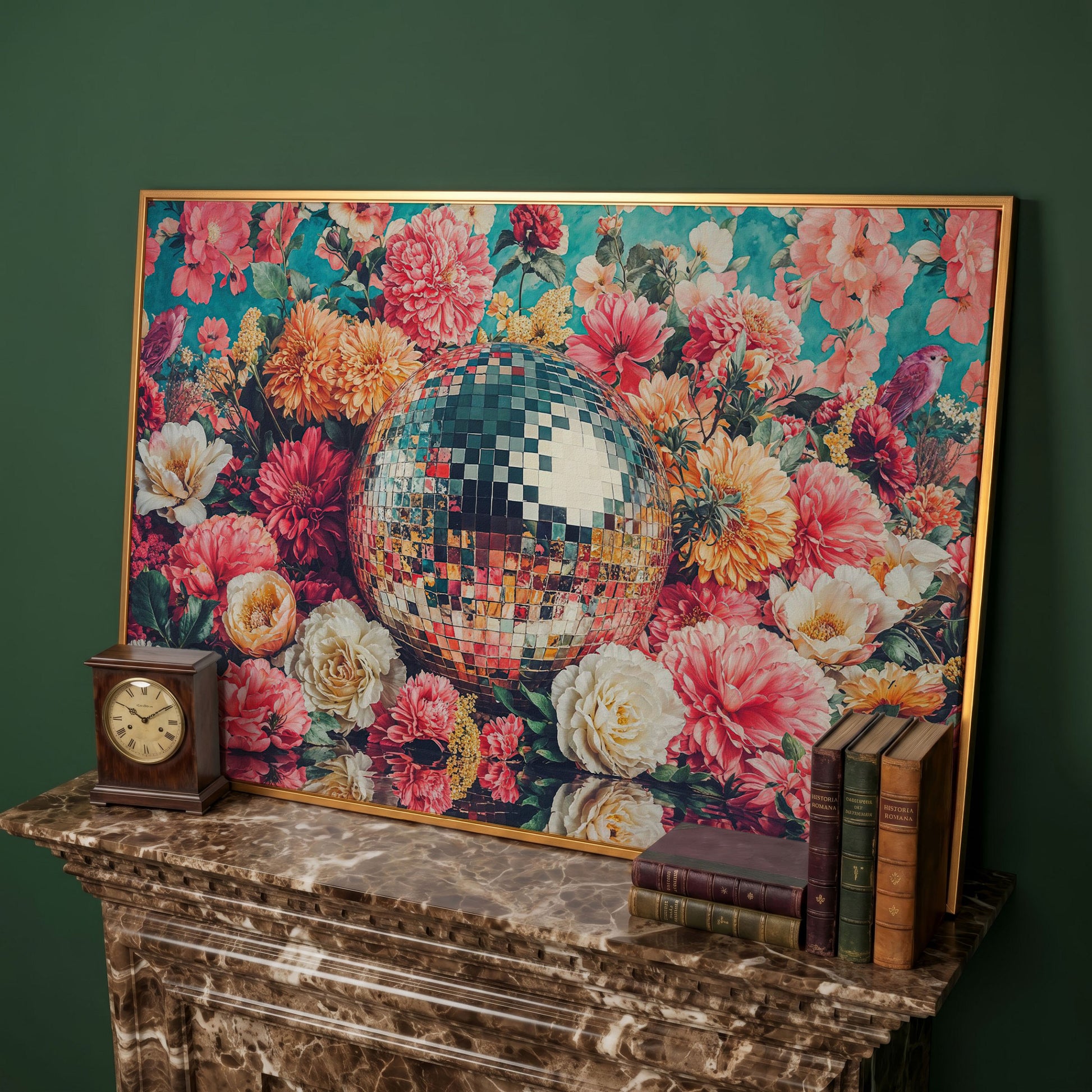 Floral Disco Ball Canvas Print with Hidden Bird Detail in antique gold floating frame