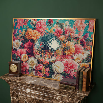 Floral Disco Ball Canvas Print with Hidden Bird Detail in antique gold floating frame