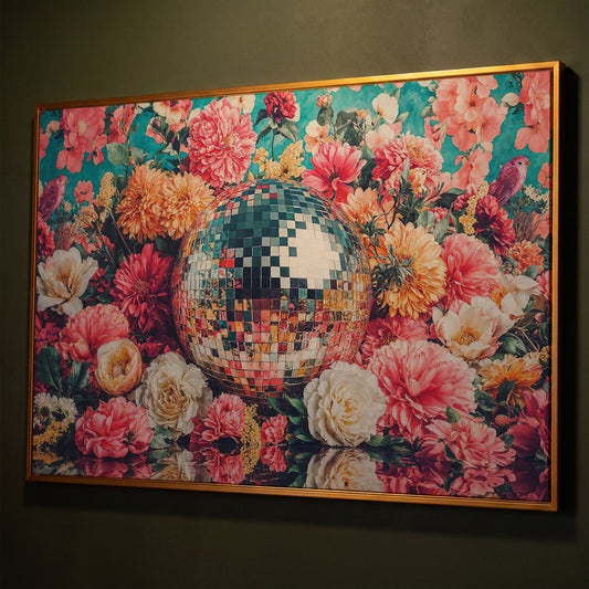 Floral Disco Ball Canvas Print with Hidden Bird Detail shown in antique gold floating frame