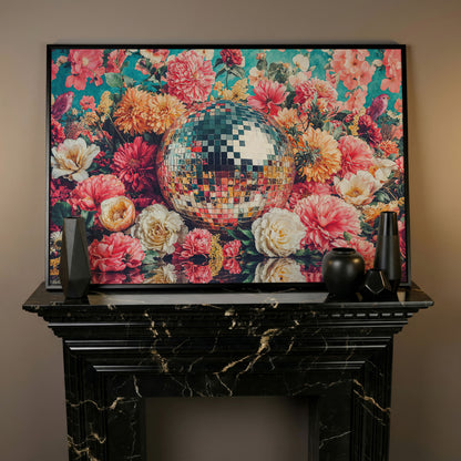 Floral Disco Ball Canvas Print with Hidden Bird Detail in black floating frame