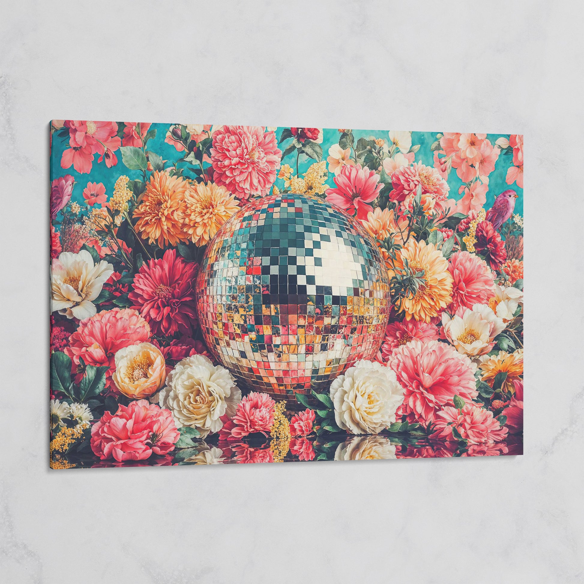 Floral Disco Ball Canvas Print with Hidden Bird Detail on gallery wrap