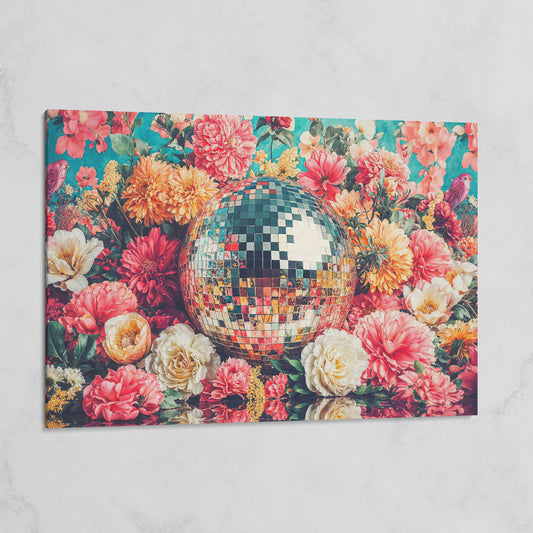 Floral Disco Ball Canvas Print with Hidden Bird Detail on gallery wrap