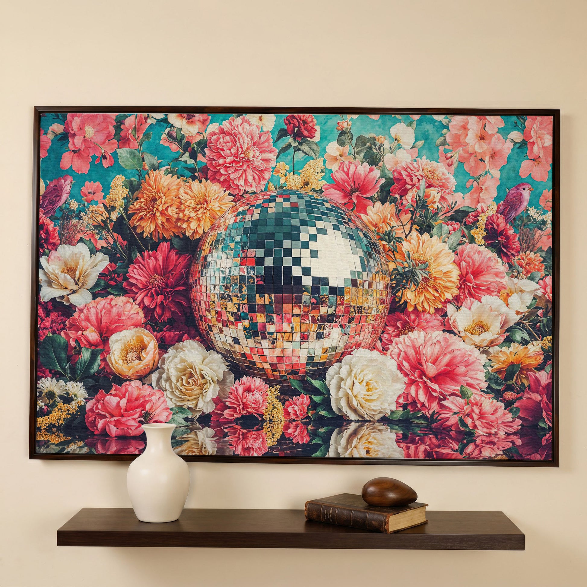 Floral Disco Ball Canvas Print with Hidden Bird Detail in dark walnut floating frame