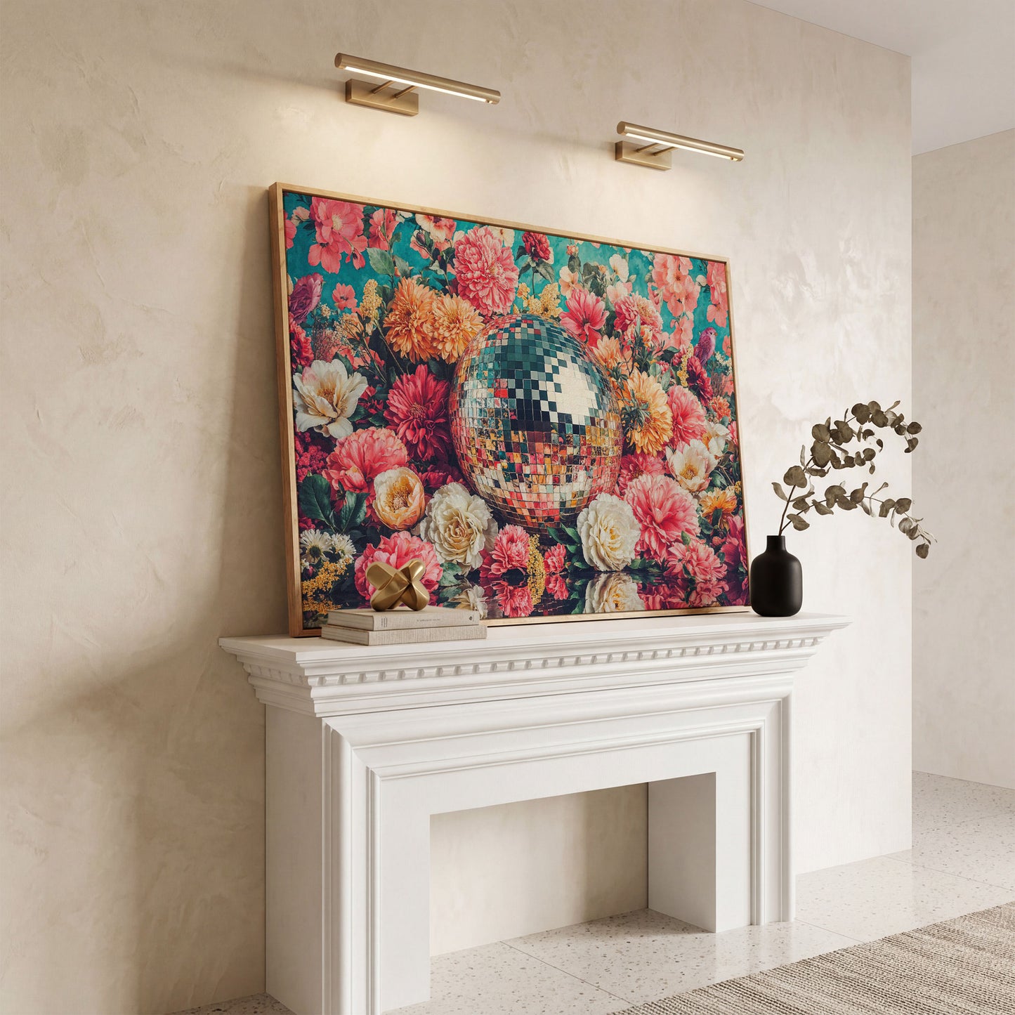 Floral Disco Ball Canvas Print with Hidden Bird Detail in white oak floating frame