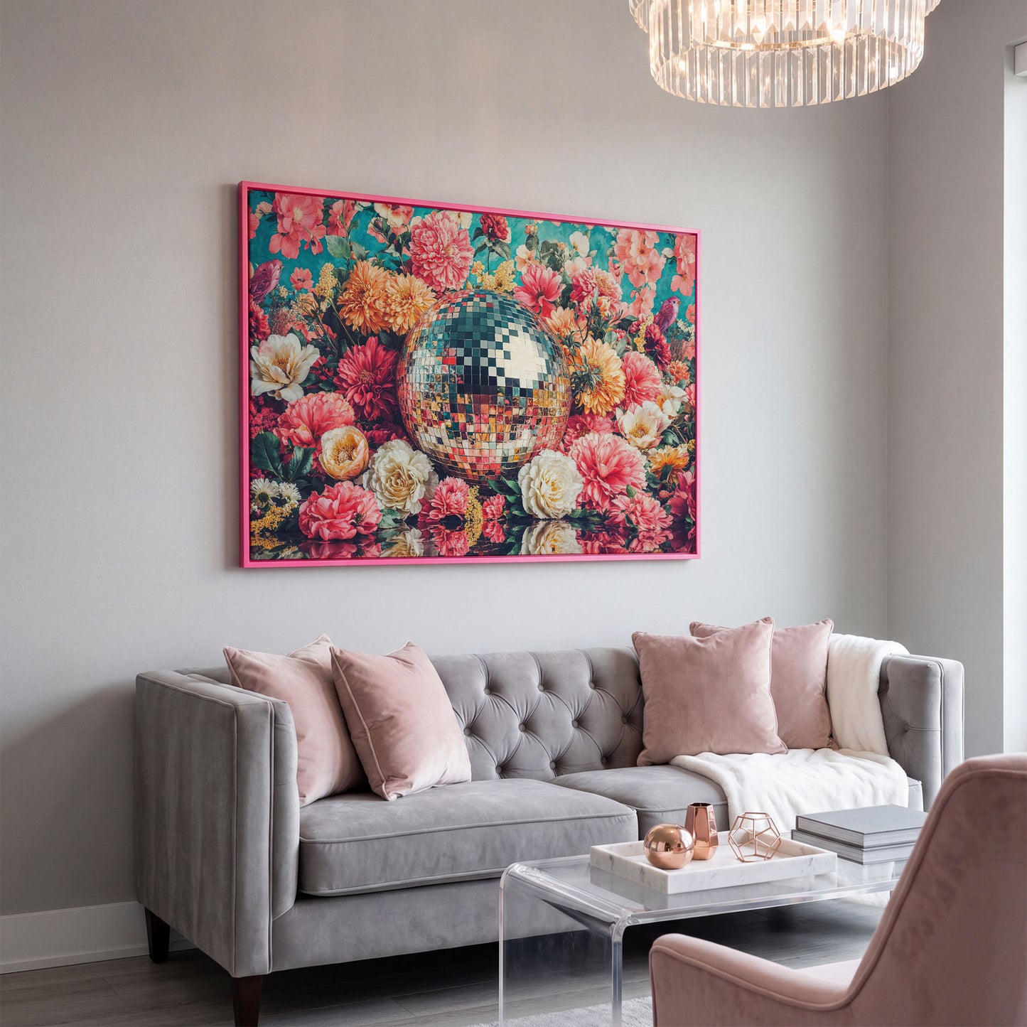 Floral Disco Ball Canvas Print with Hidden Bird Detail in pink floating frame