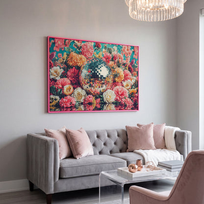 Floral Disco Ball Canvas Print with Hidden Bird Detail in pink floating frame