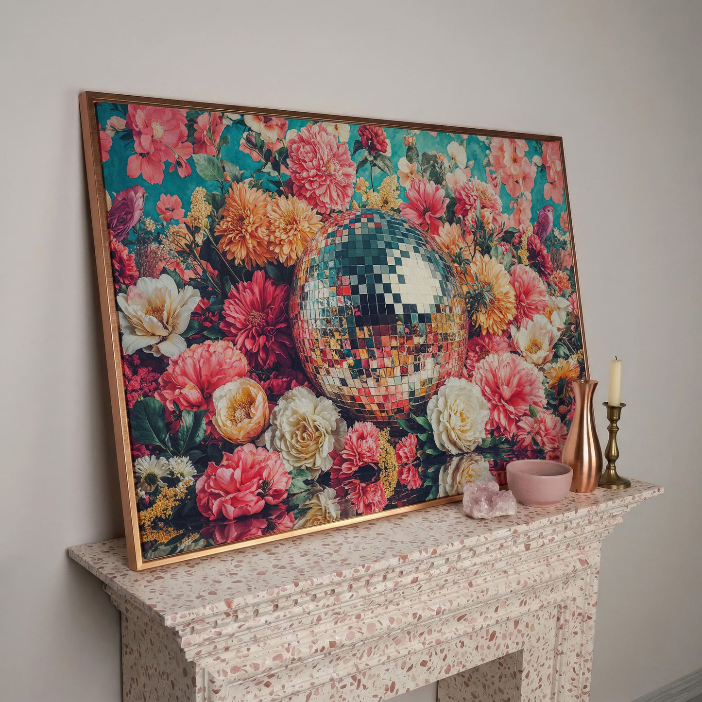 Floral Disco Ball Canvas Print with Hidden Bird Detail in rose gold floating frame