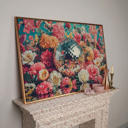 Floral Disco Ball Canvas Print with Hidden Bird Detail in rose gold floating frame