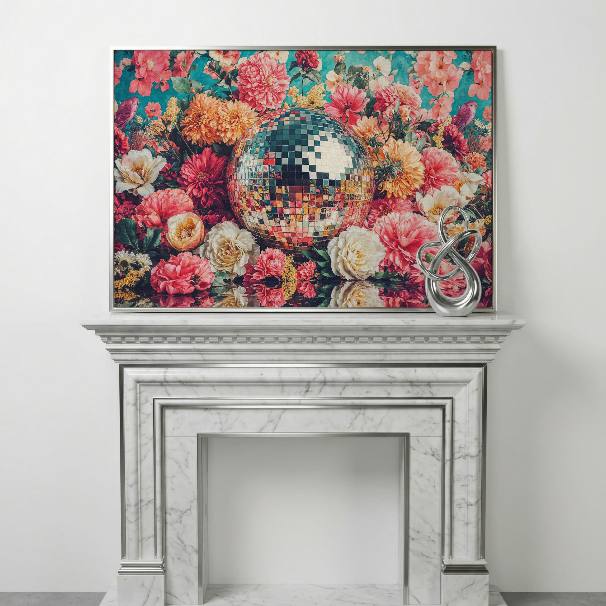 Floral Disco Ball Canvas Print with Hidden Bird Detail in silver floating frame