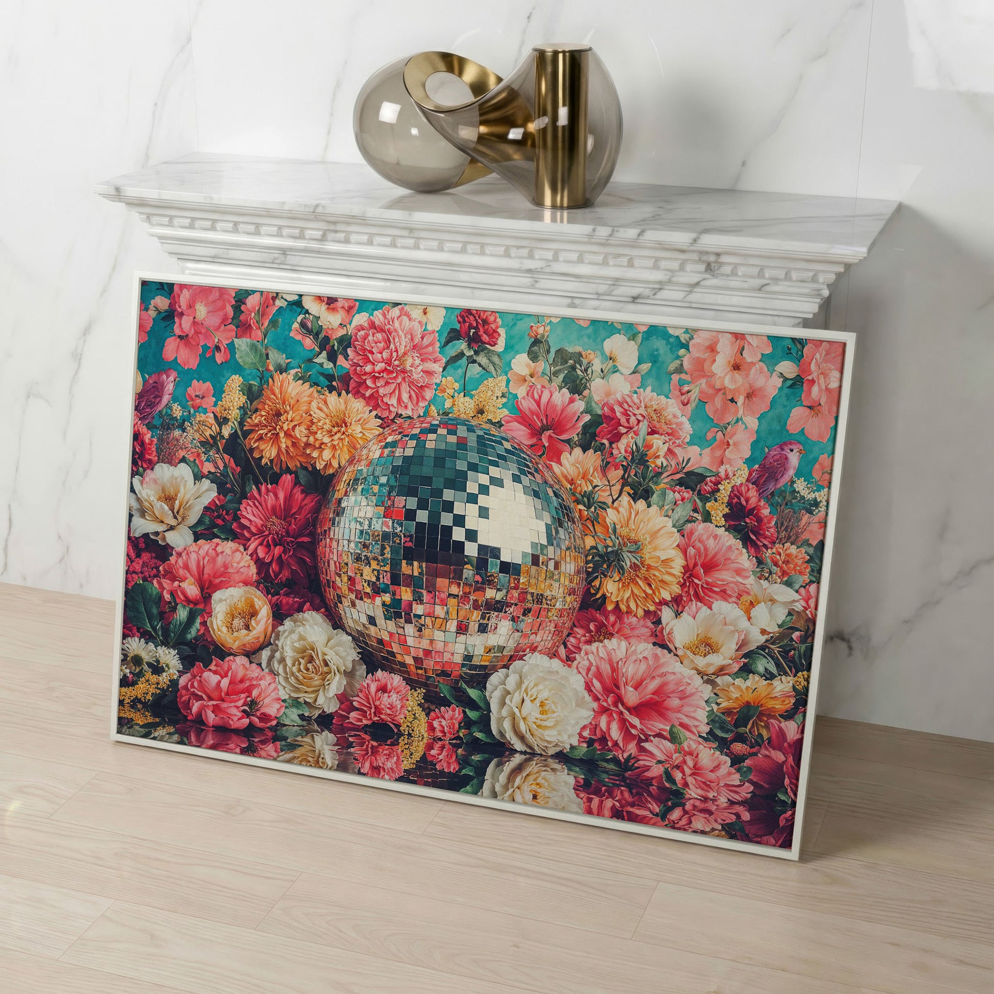 Floral Disco Ball Canvas Print with Hidden Bird Detail in white floating frame