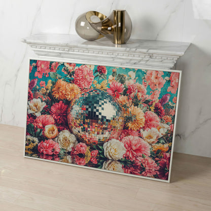 Floral Disco Ball Canvas Print with Hidden Bird Detail in white floating frame