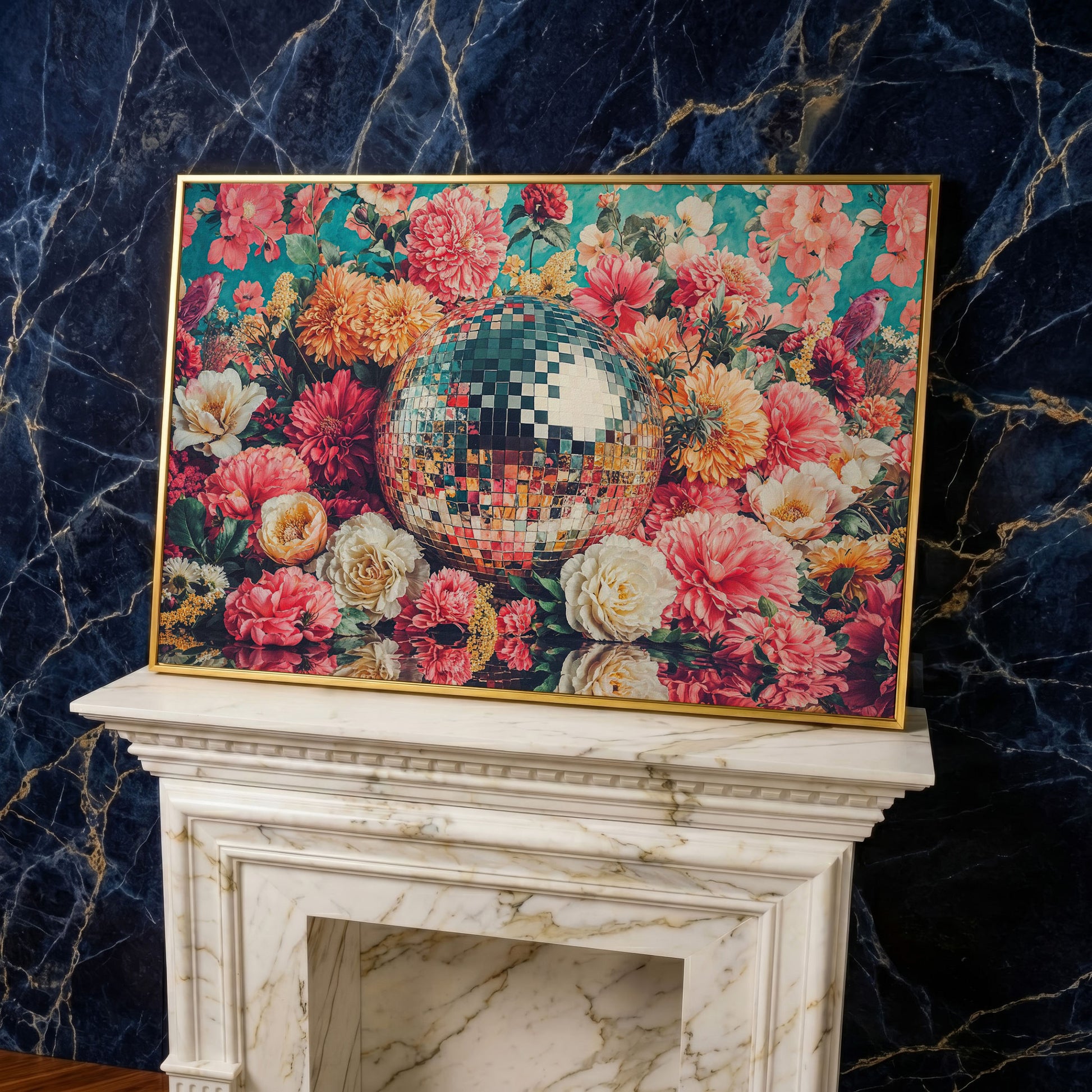 Floral Disco Ball Canvas Print with Hidden Bird Detail in yellow gold floating frame