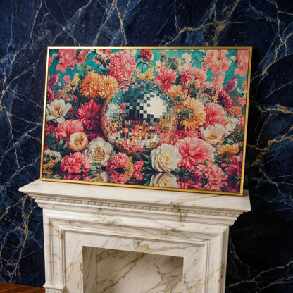 Floral Disco Ball Canvas Print with Hidden Bird Detail in yellow gold floating frame