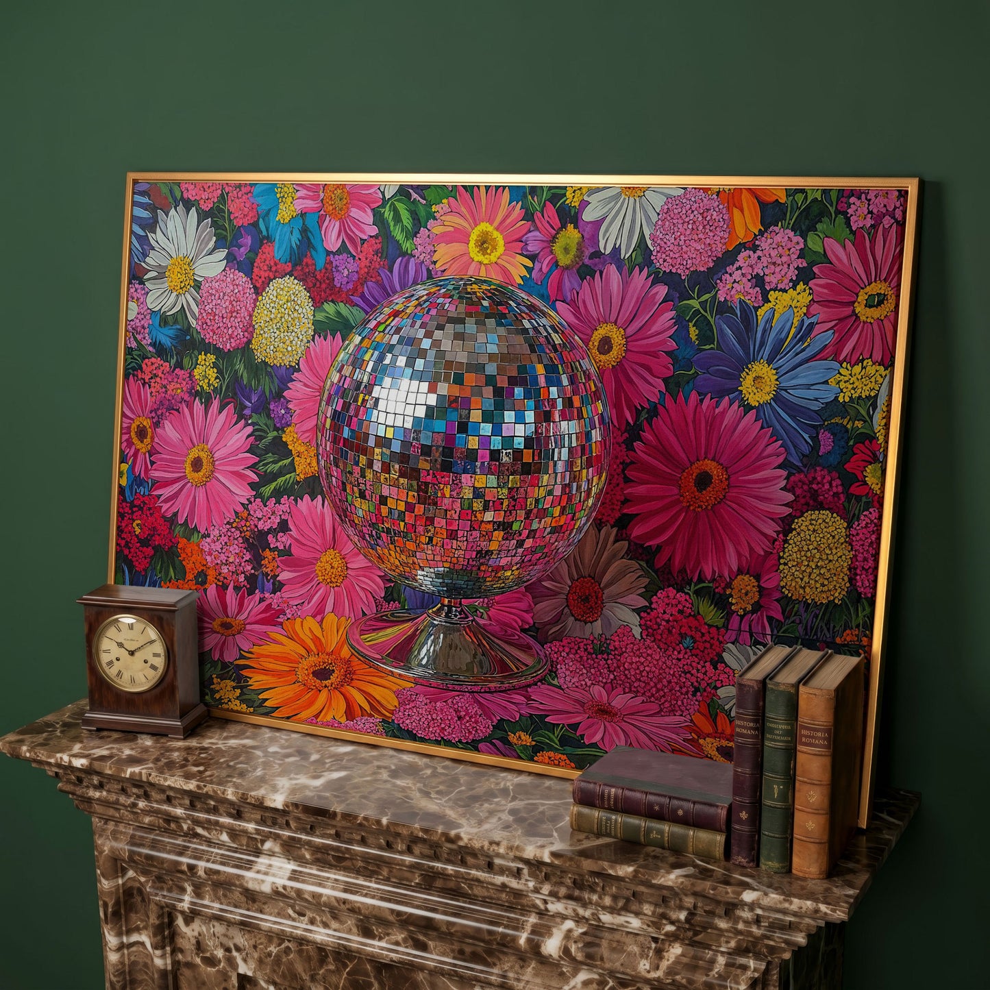 Floral Disco Ball Canvas Print with Pink Hues in antique gold floating frame