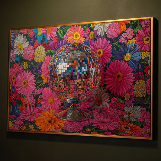 Floral Disco Ball Canvas Print with Pink Hues shown in antique gold floating frame