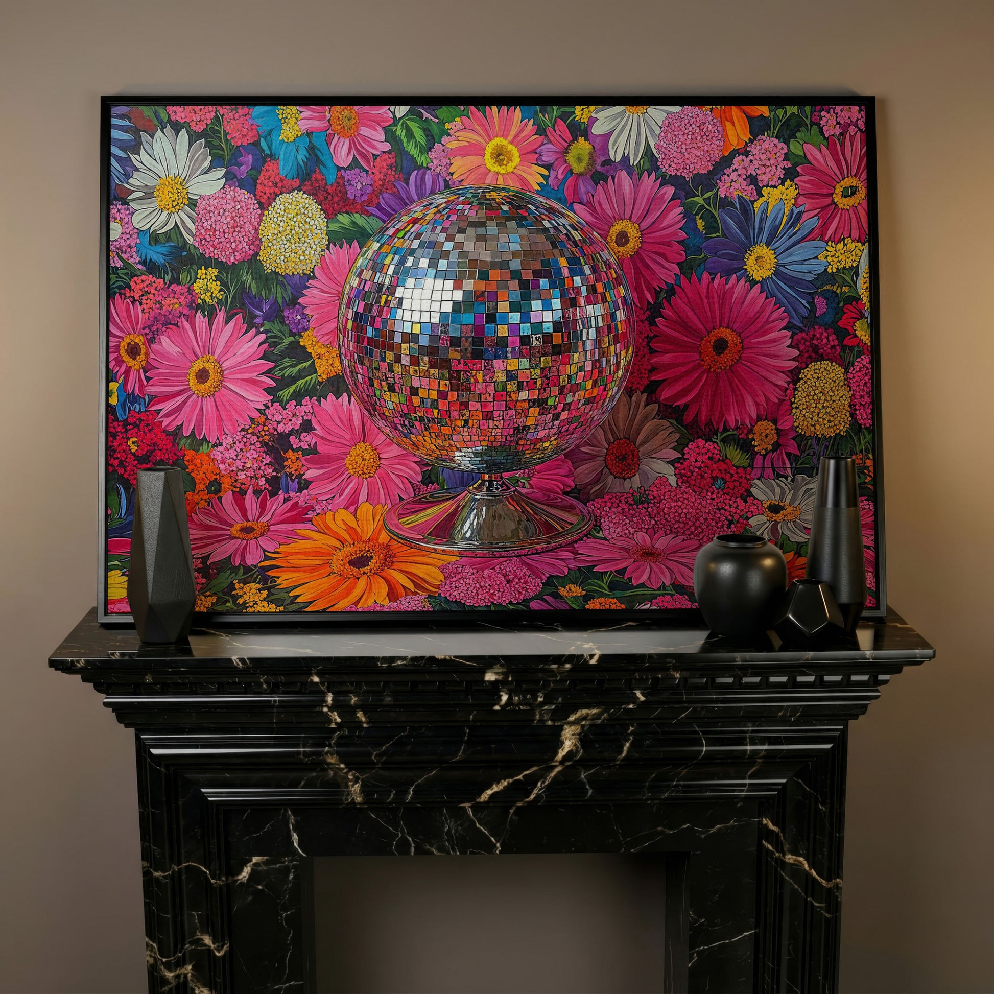 Floral Disco Ball Canvas Print with Pink Hues in black floating frame