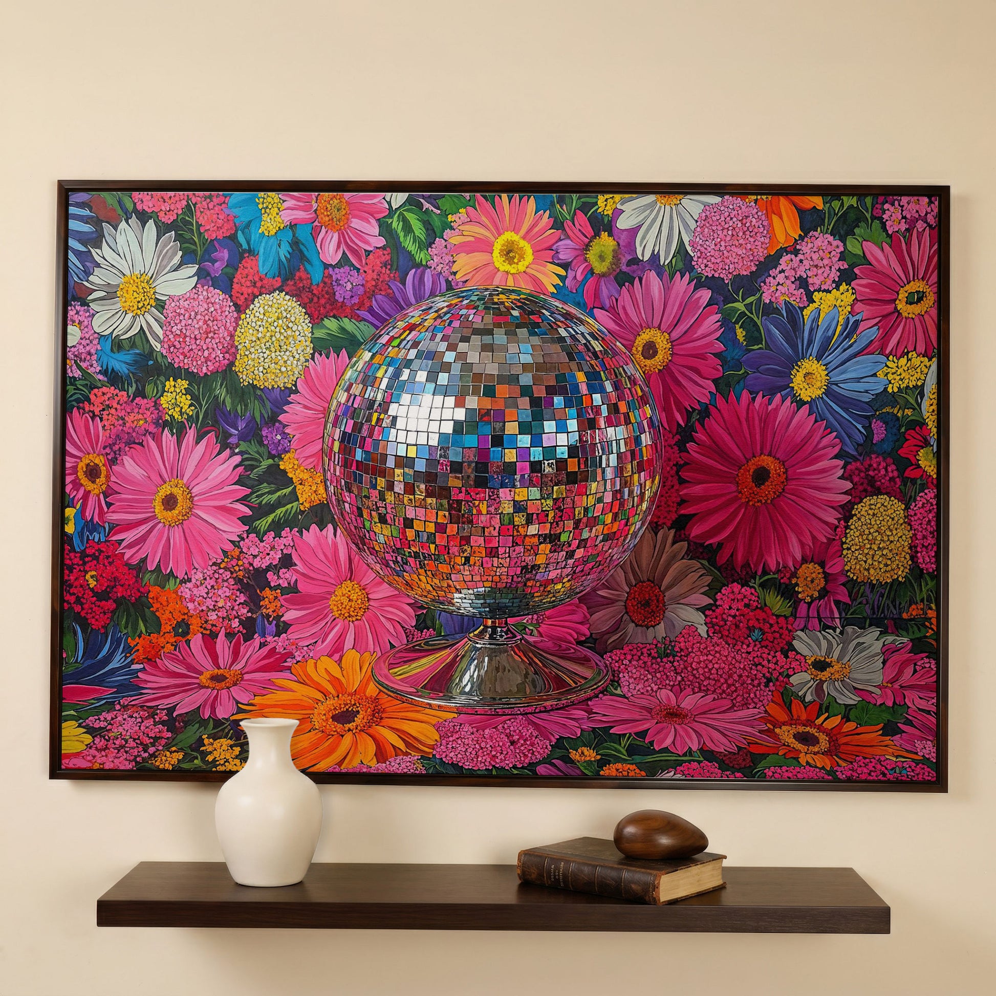 Floral Disco Ball Canvas Print with Pink Hues in dark walnut floating frame