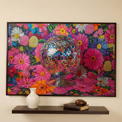 Floral Disco Ball Canvas Print with Pink Hues in dark walnut floating frame