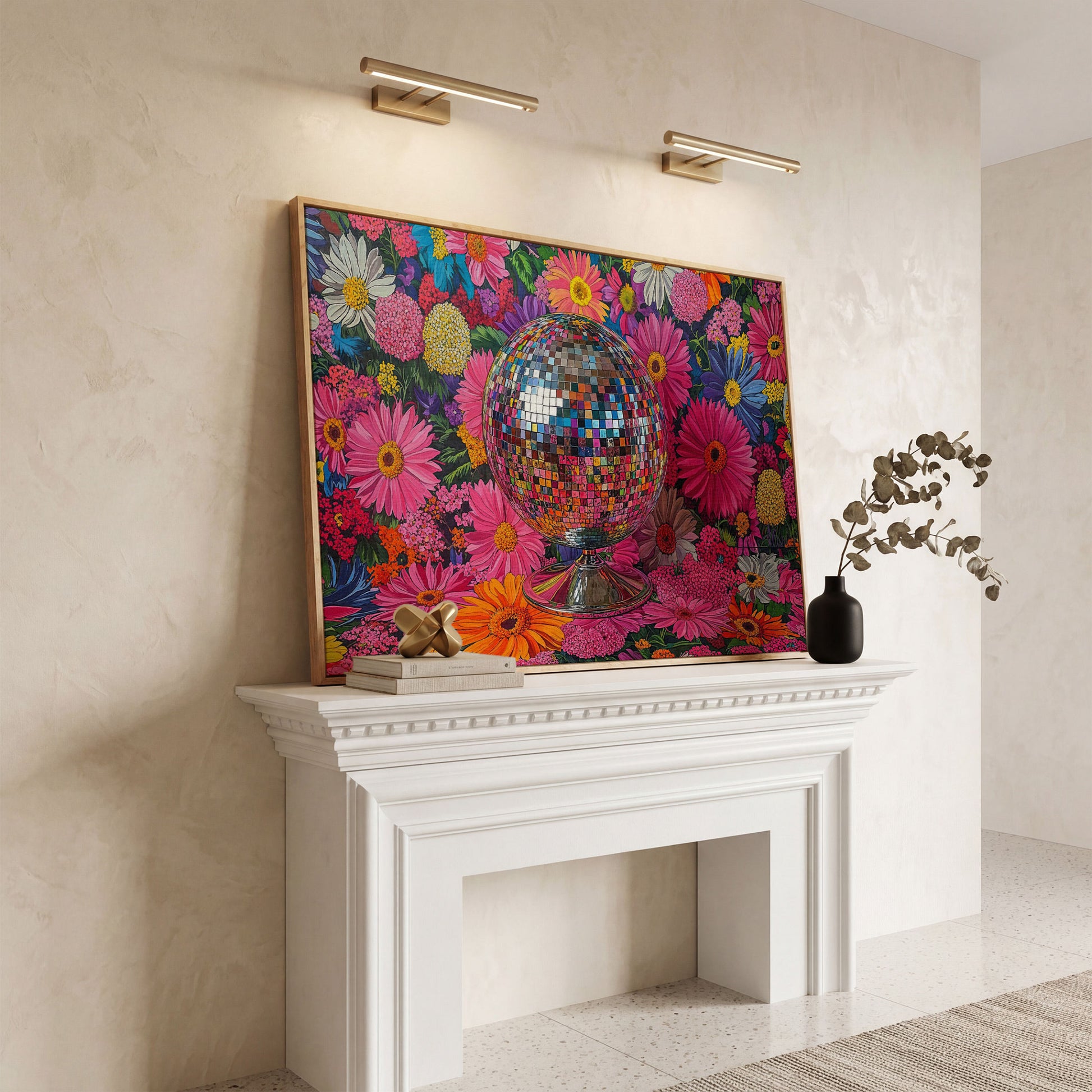 Floral Disco Ball Canvas Print with Pink Hues in white oak floating frame