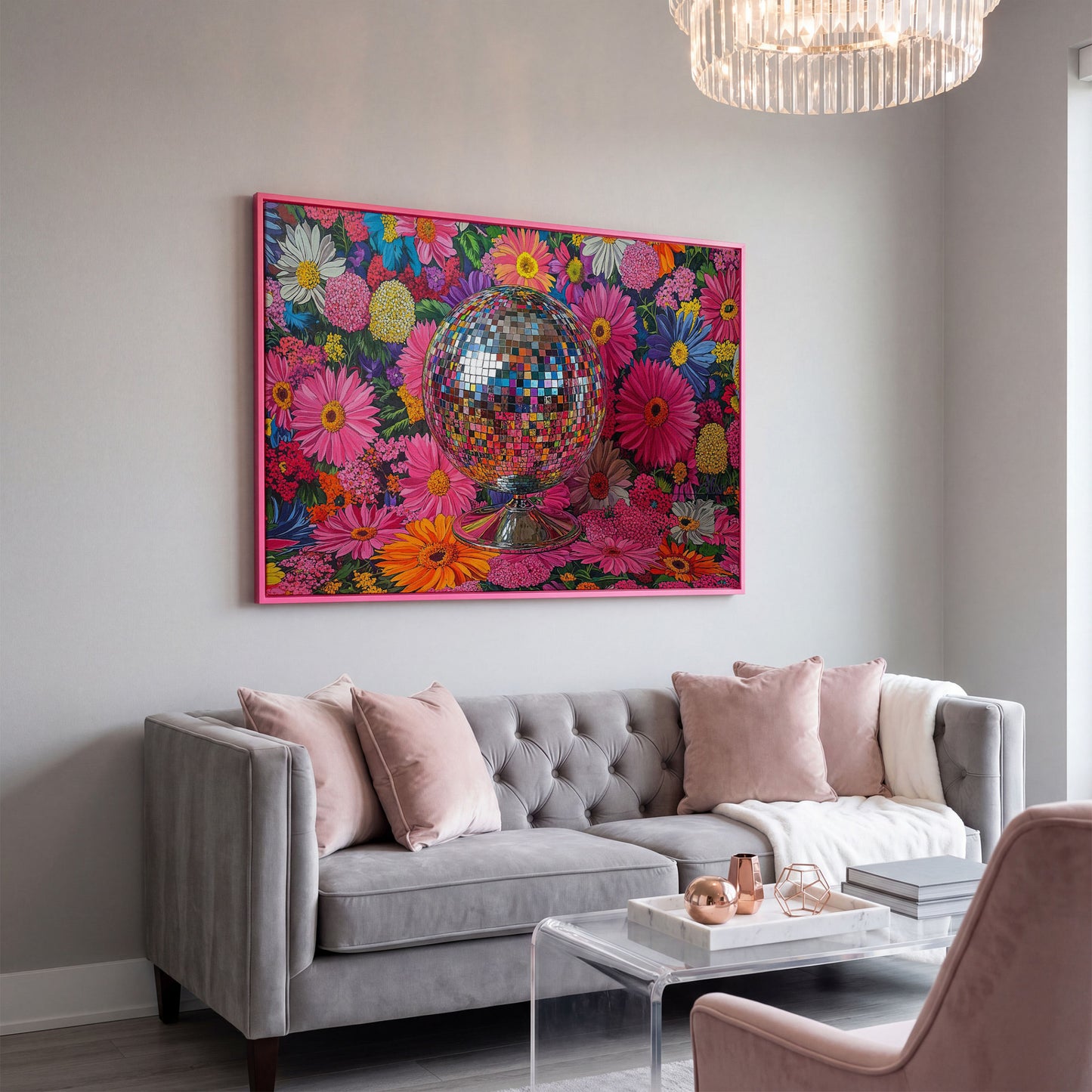 Floral Disco Ball Canvas Print with Pink Hues in pink floating frame