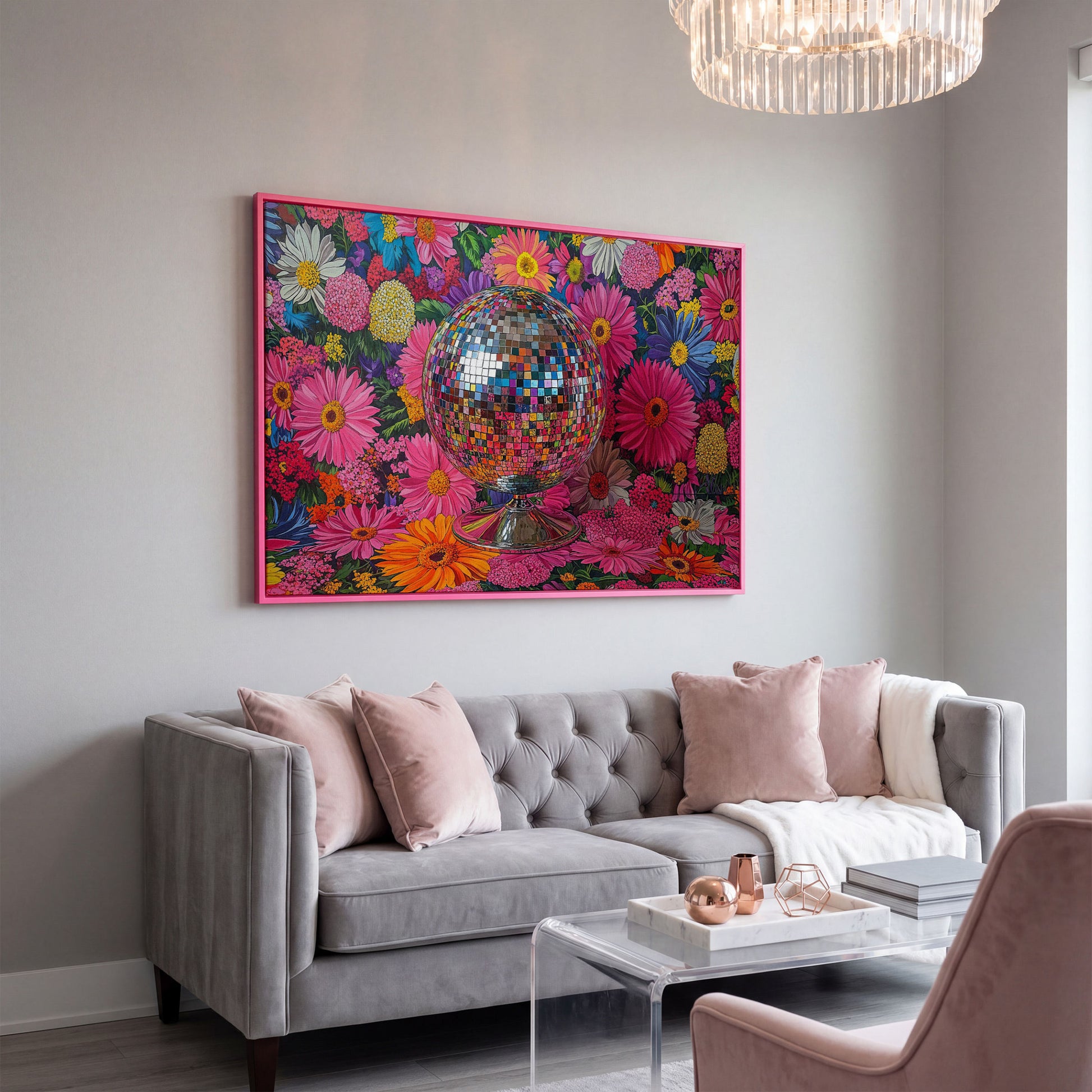 Floral Disco Ball Canvas Print with Pink Hues in pink floating frame