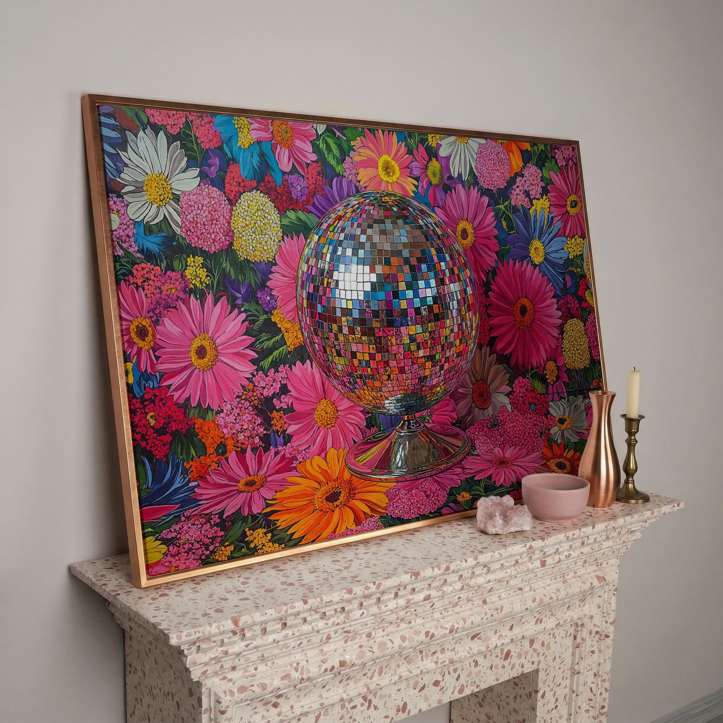 Floral Disco Ball Canvas Print with Pink Hues in rose gold floating frame