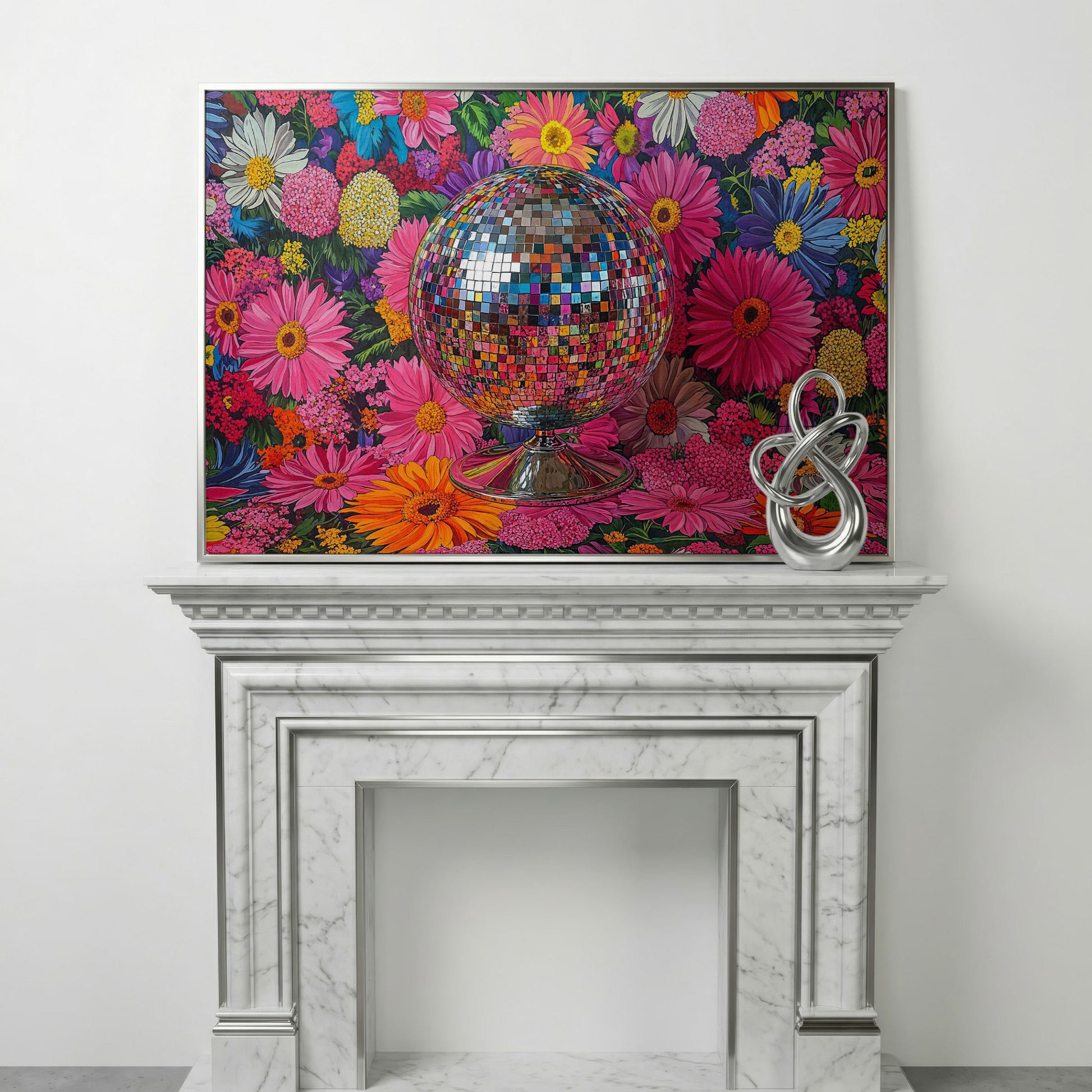 Floral Disco Ball Canvas Print with Pink Hues in silver floating frame