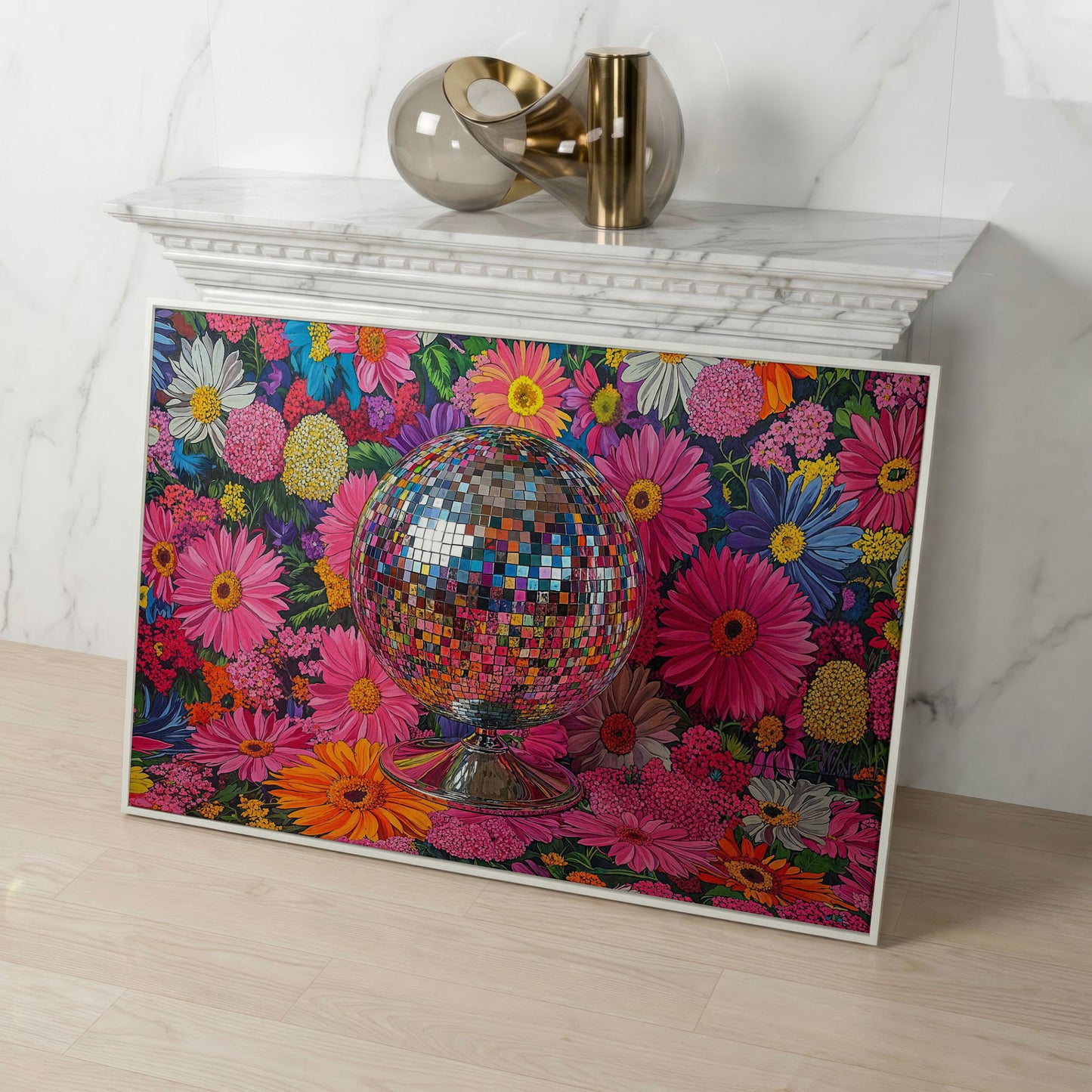 Floral Disco Ball Canvas Print with Pink Hues in white floating frame