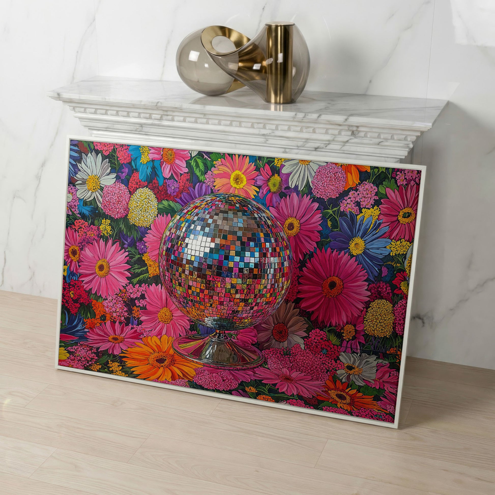 Floral Disco Ball Canvas Print with Pink Hues in white floating frame